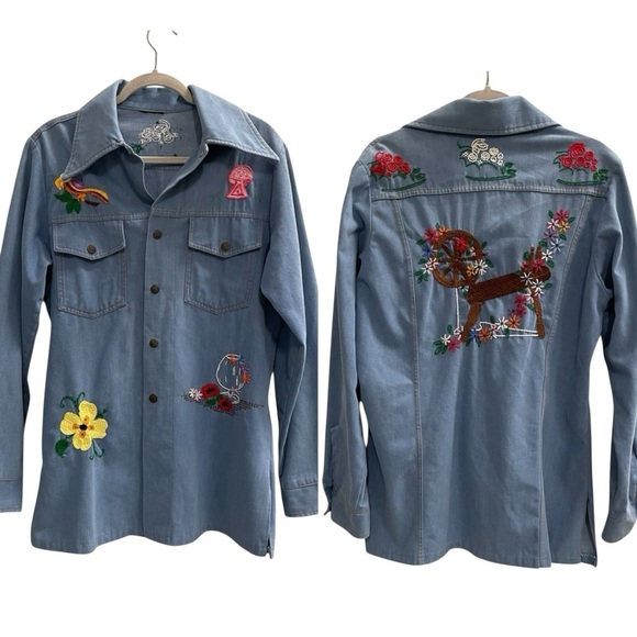 Vintage Hand Embroidered Denim Shirt Jacket Size Large Estimated - Picture 1 of 12